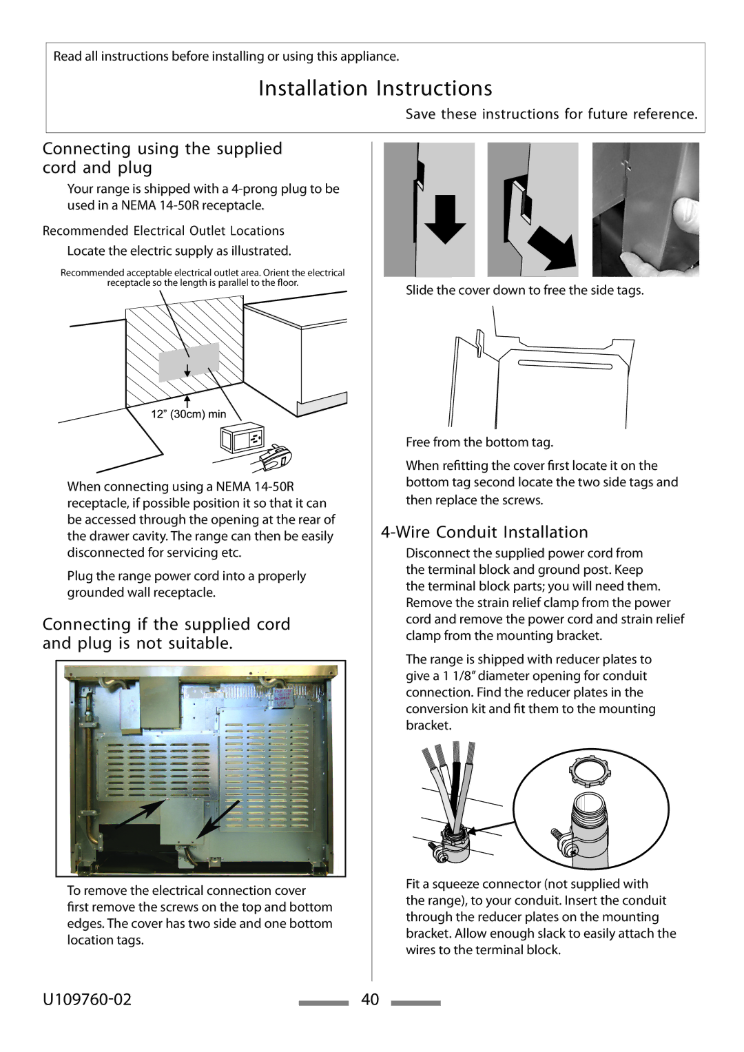 Heartland Bakeware U109760-02 Connecting using the supplied cord and plug, Wire Conduit Installation 