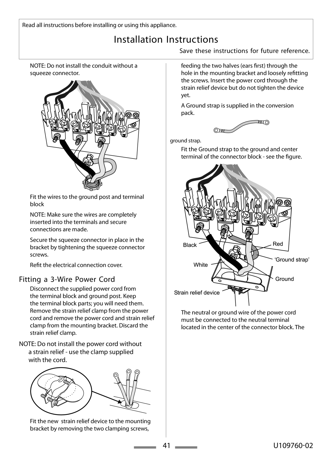 Heartland Bakeware U109760-02 installation instructions Fitting a 3-Wire Power Cord, Ground strap 