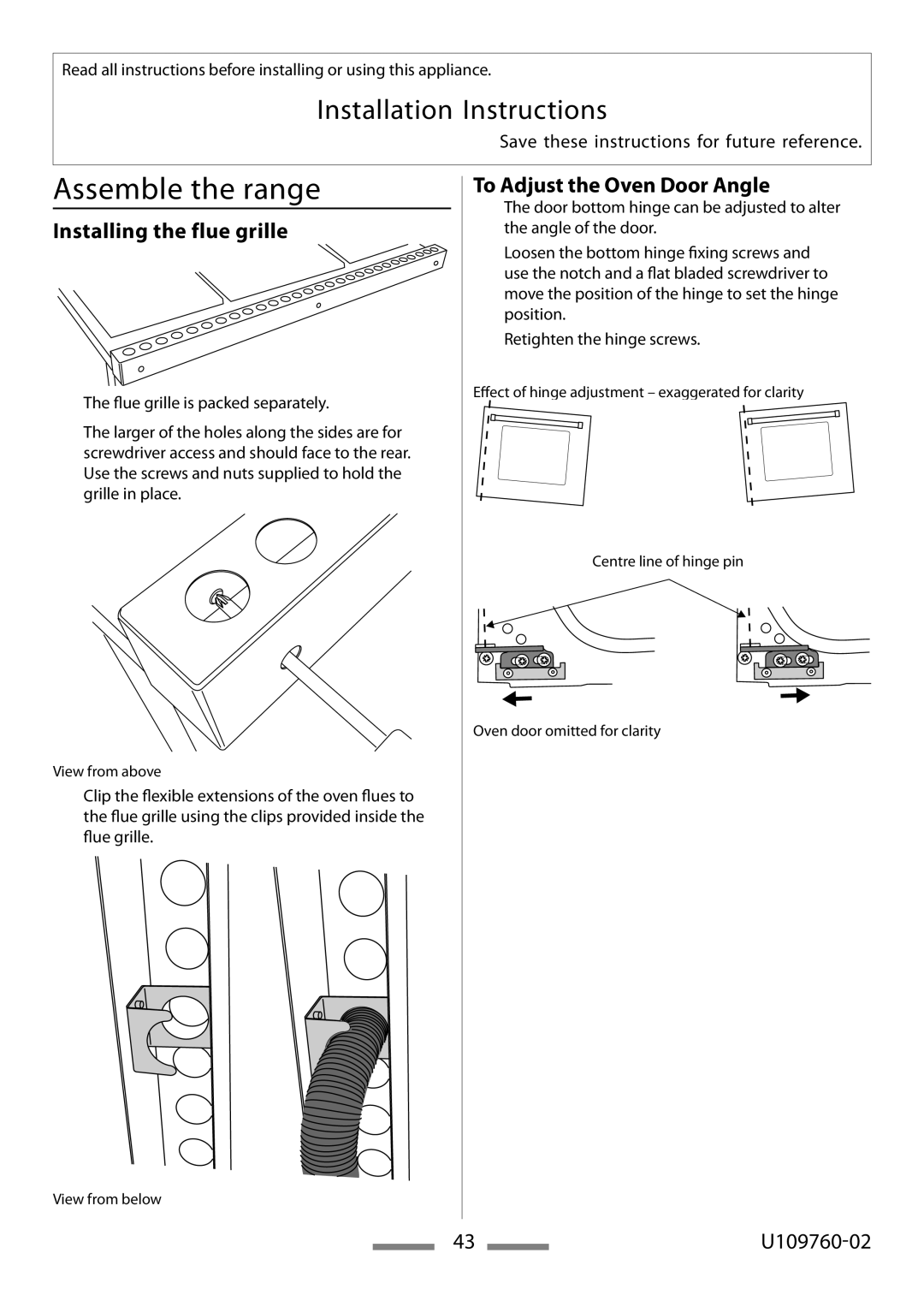 Heartland Bakeware U109760-02 installation instructions Assemble the range, Installing the flue grille 