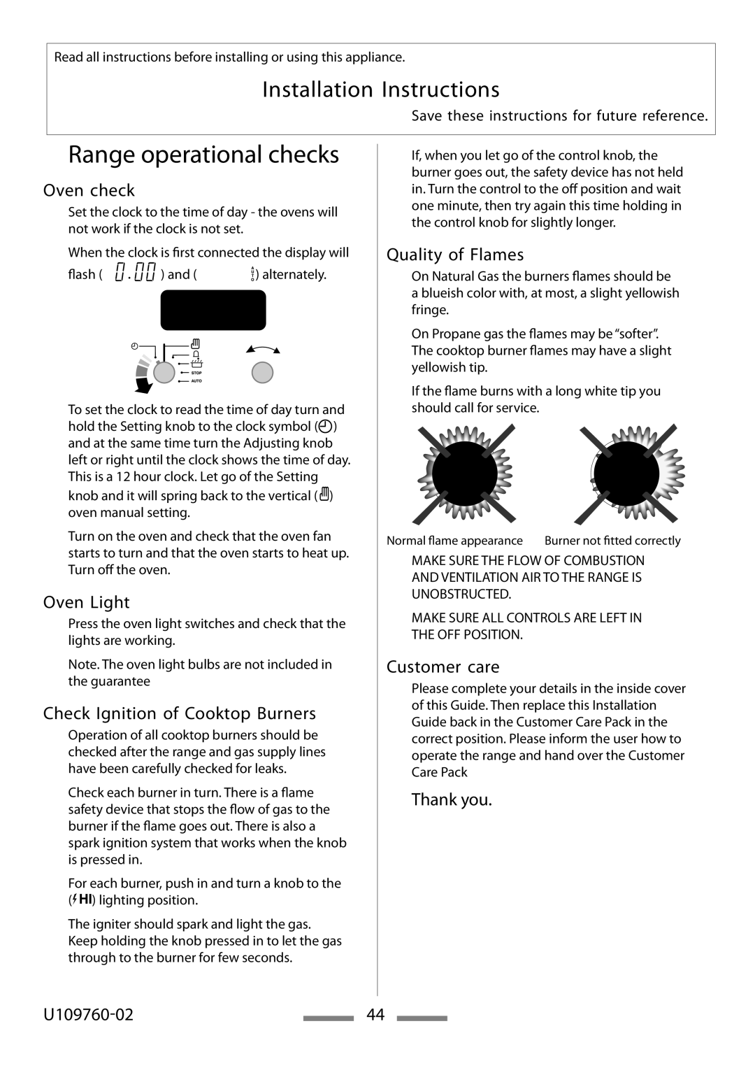 Heartland Bakeware U109760-02 installation instructions Range operational checks 