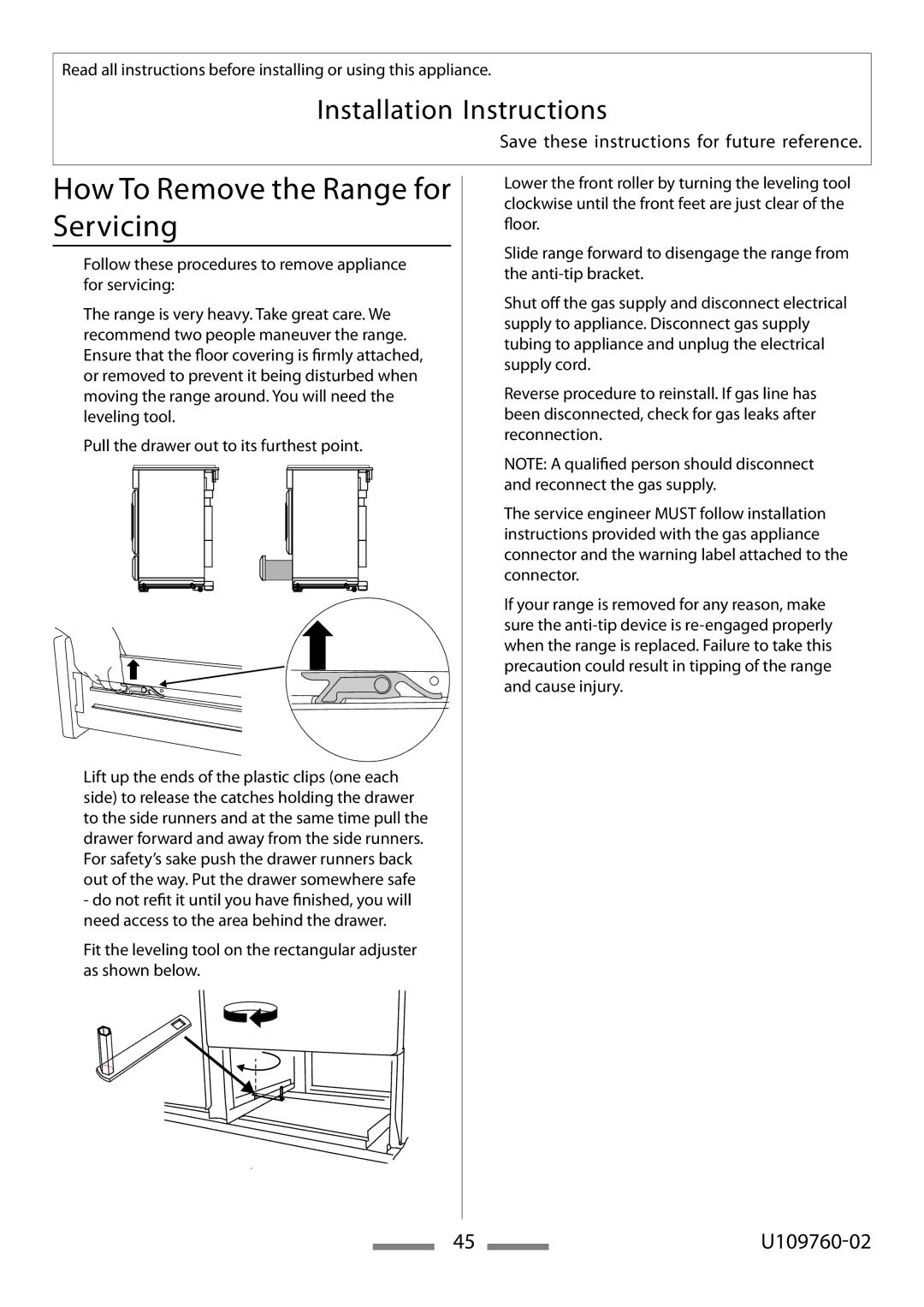 Heartland Bakeware U109760-02 installation instructions How To Remove the Range for Servicing 