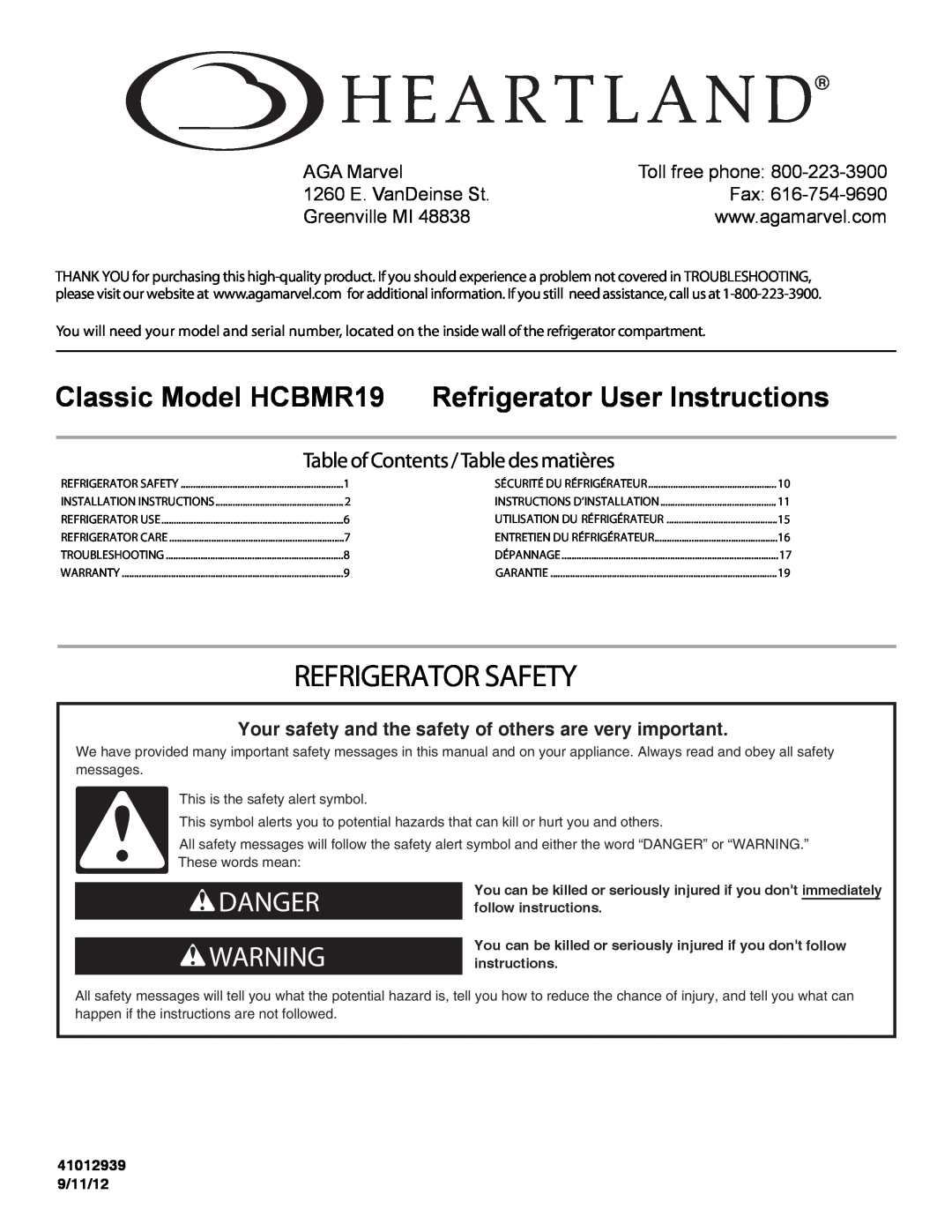 Heartland installation instructions Refrigerator Safety, Classic Model HCBMR19 Refrigerator User Instructions, Danger 