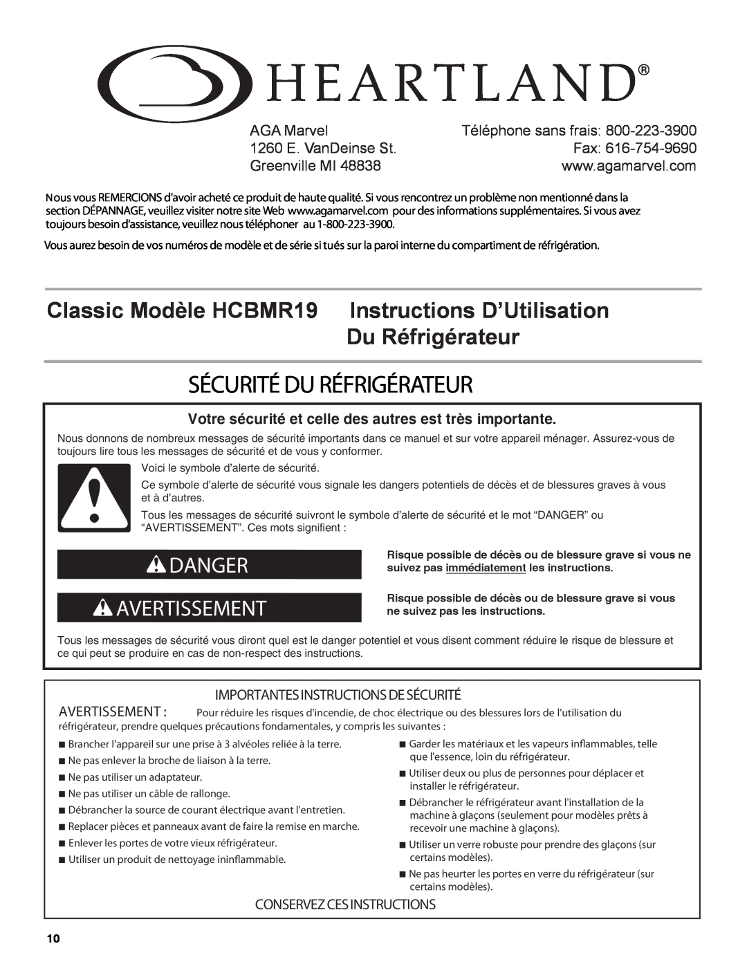 Heartland Sécurité Du Réfrigérateur, Classic Modèle HCBMR19 Instructions D’Utilisation Du Réfrigérateur, AGA Marvel 