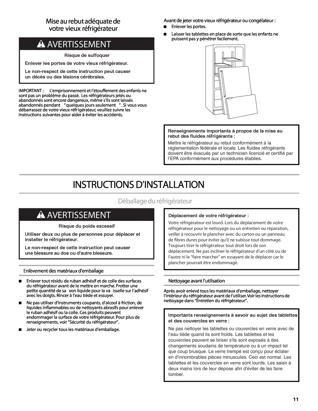 Heartland HCBMR19 Instructions D’Installation, Avertissement, Déballage du réfrigérateur, Nettoyage avant l’utilisation 