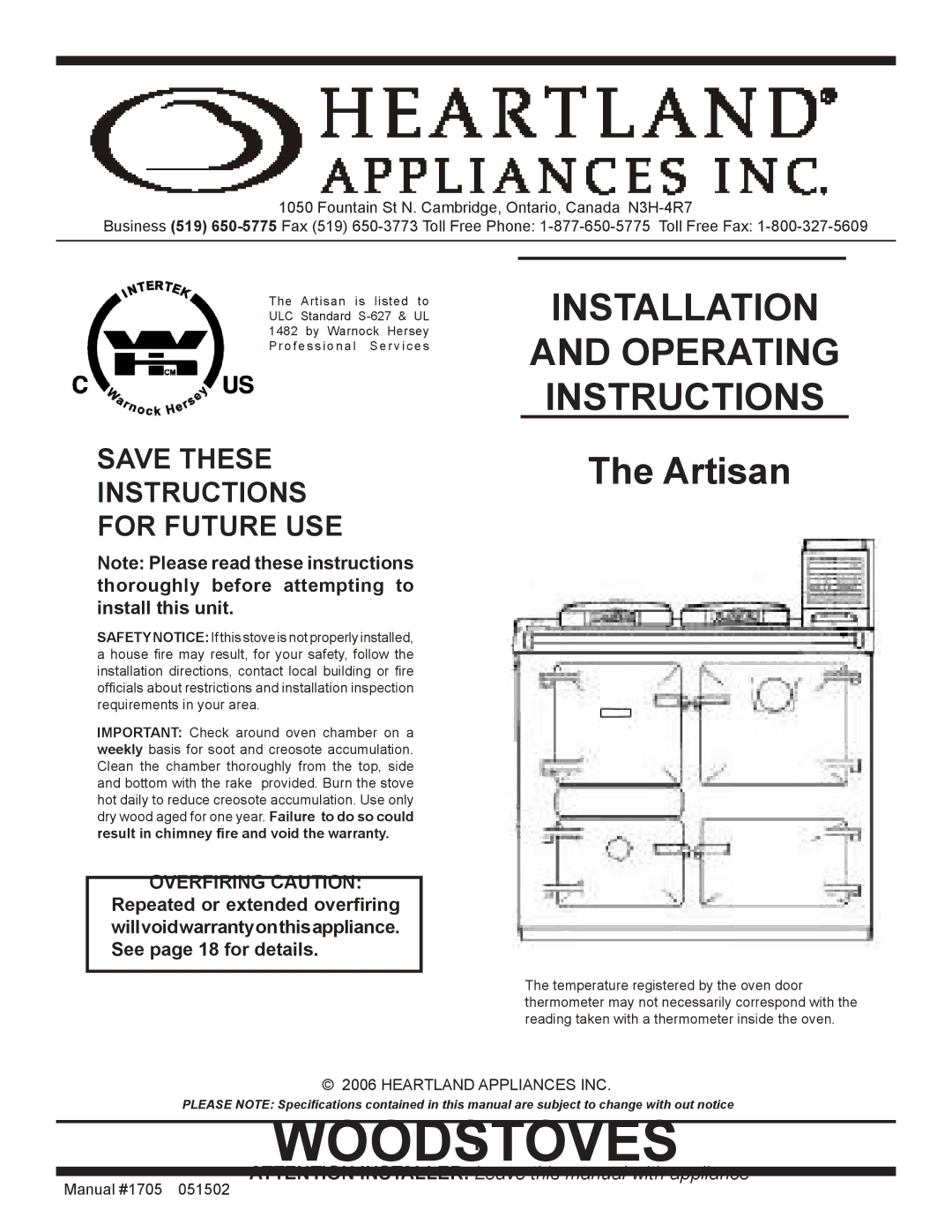 Heartland The Artisan operating instructions Save these instructions for future use 