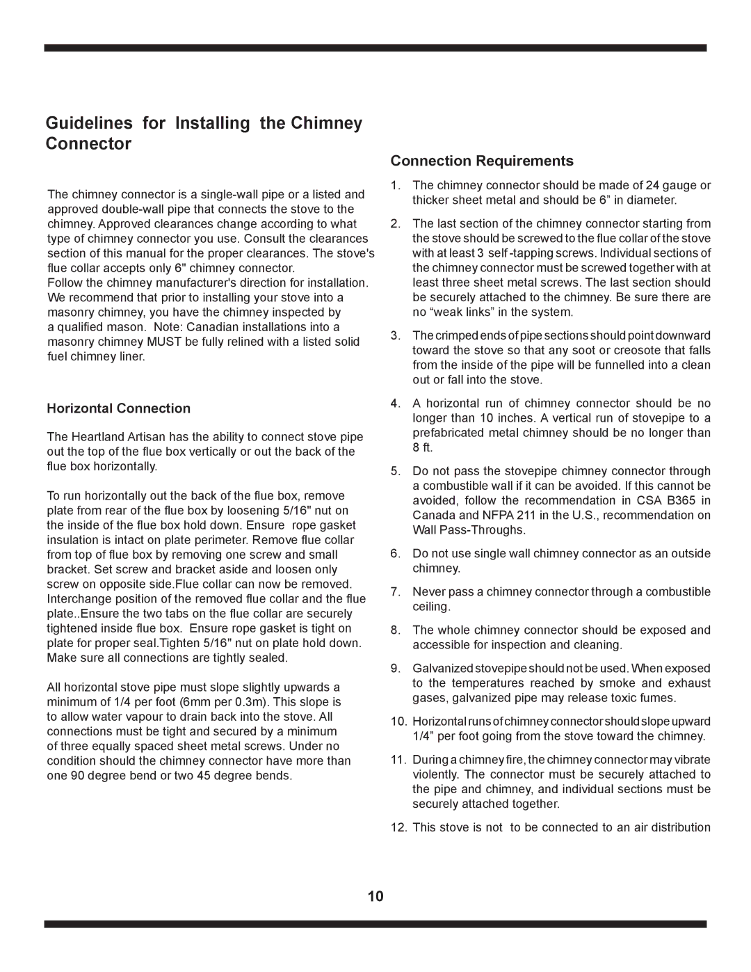 Heartland The Artisan operating instructions Guidelines for Installing the Chimney Connector, Horizontal Connection 