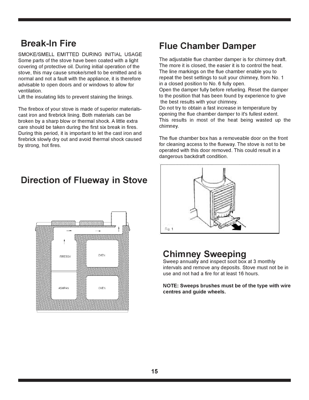 Heartland The Artisan Break-In Fire, Flue Chamber Damper, Direction of Flueway in Stove Chimney Sweeping 