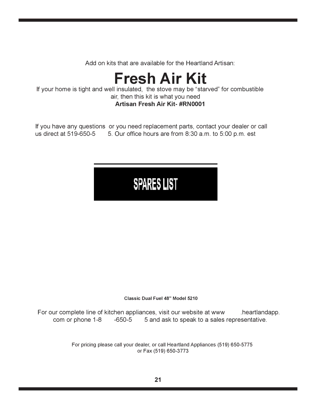 Heartland The Artisan operating instructions Fresh Air Kit 