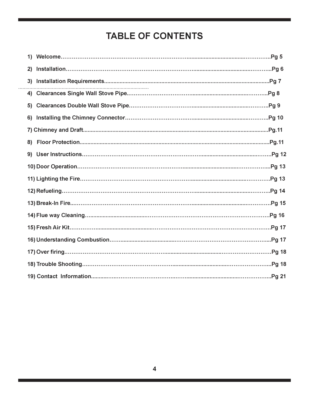 Heartland The Artisan operating instructions Table of Contents 