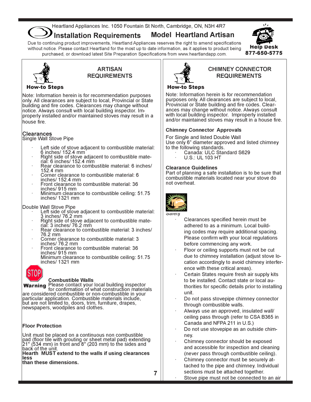 Heartland The Artisan operating instructions Installation Requirements Model Heartland Artisan 