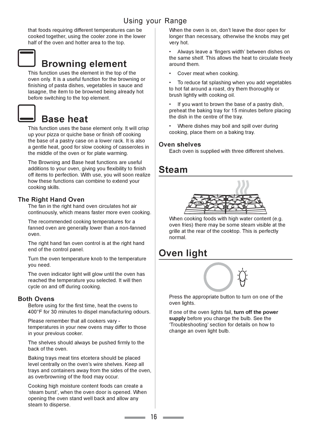 Heartland Toledo XT installation instructions Browning element, Base heat, Steam, Oven light 