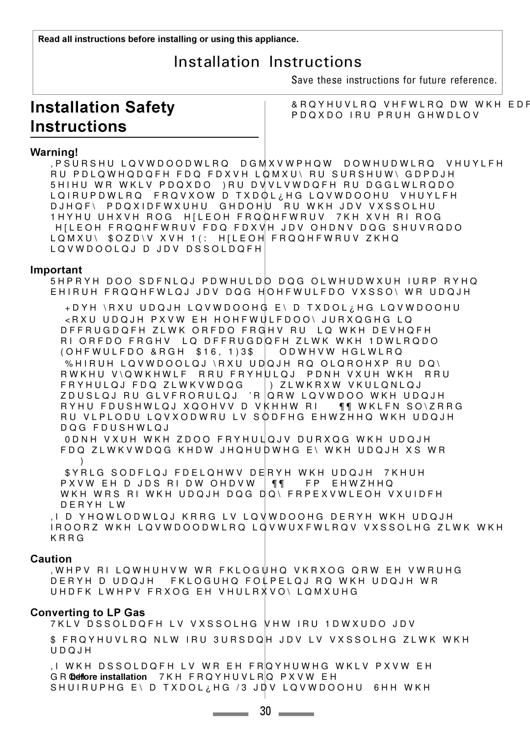 Heartland Toledo XT installation instructions Installation Safety, Instructions, Converting to LP Gas 