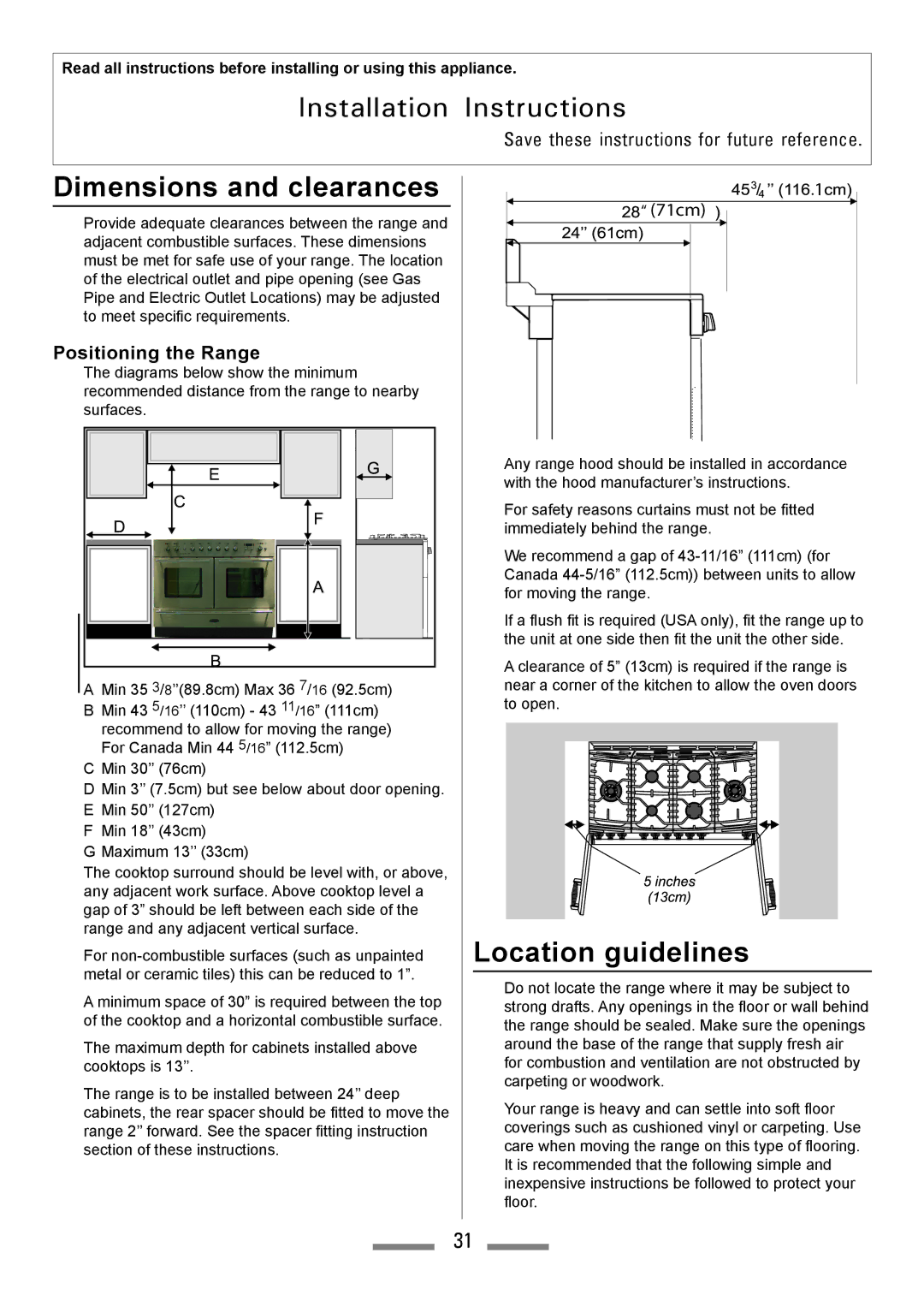 Heartland Toledo XT installation instructions Dimensions and clearances, Location guidelines, Positioning the Range 