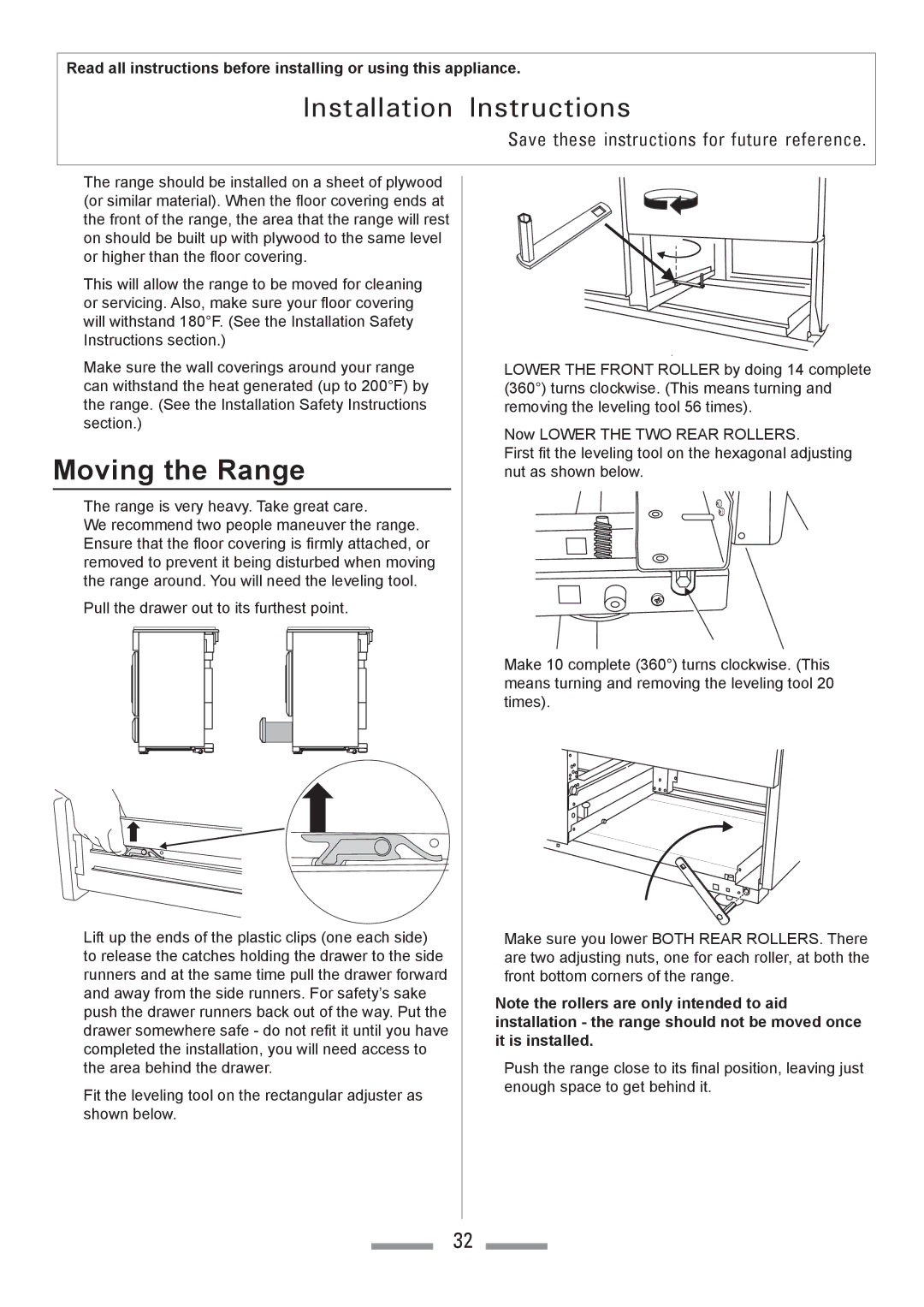 Heartland Toledo XT installation instructions Moving the Range 