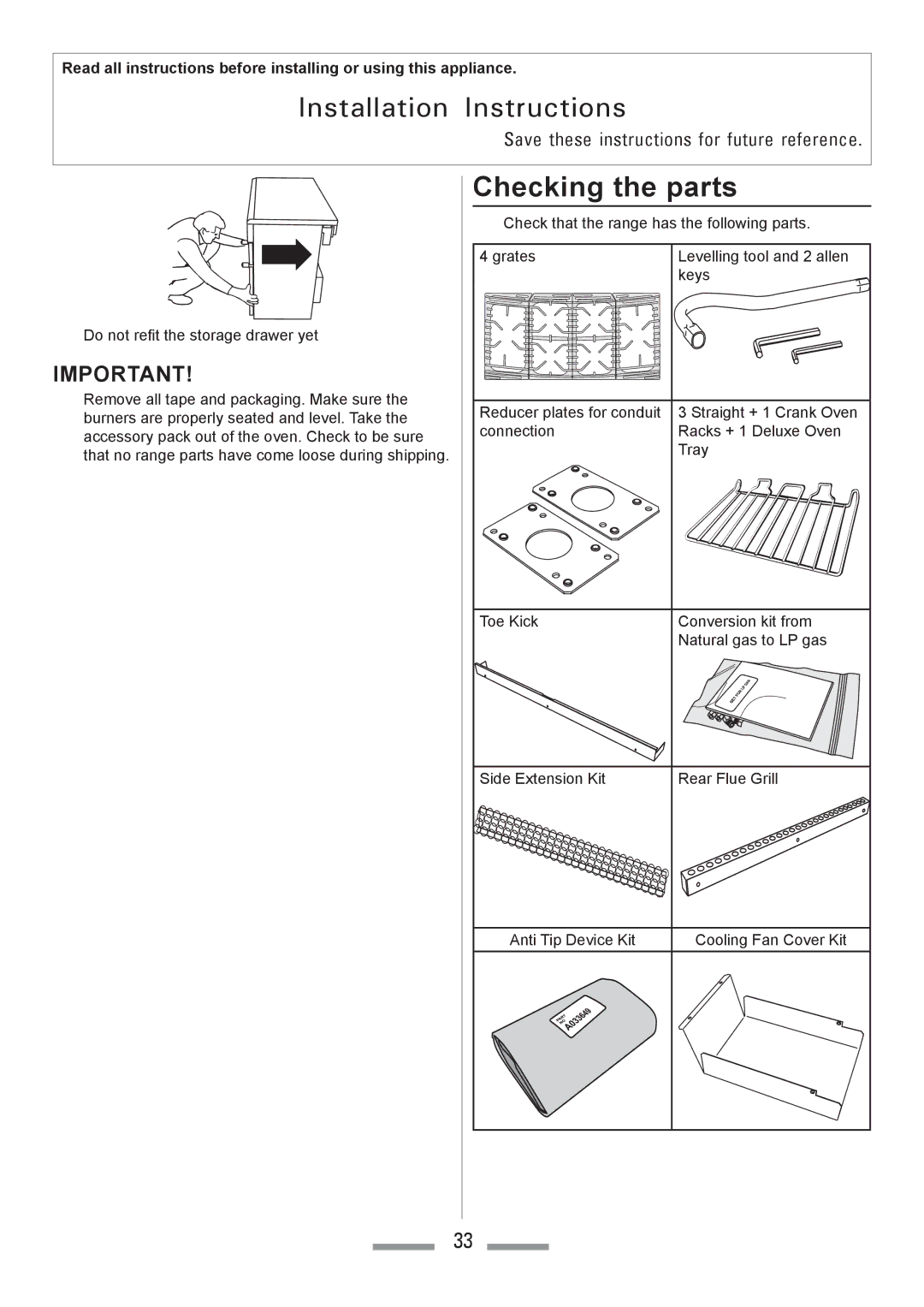 Heartland Toledo XT installation instructions Checking the parts 