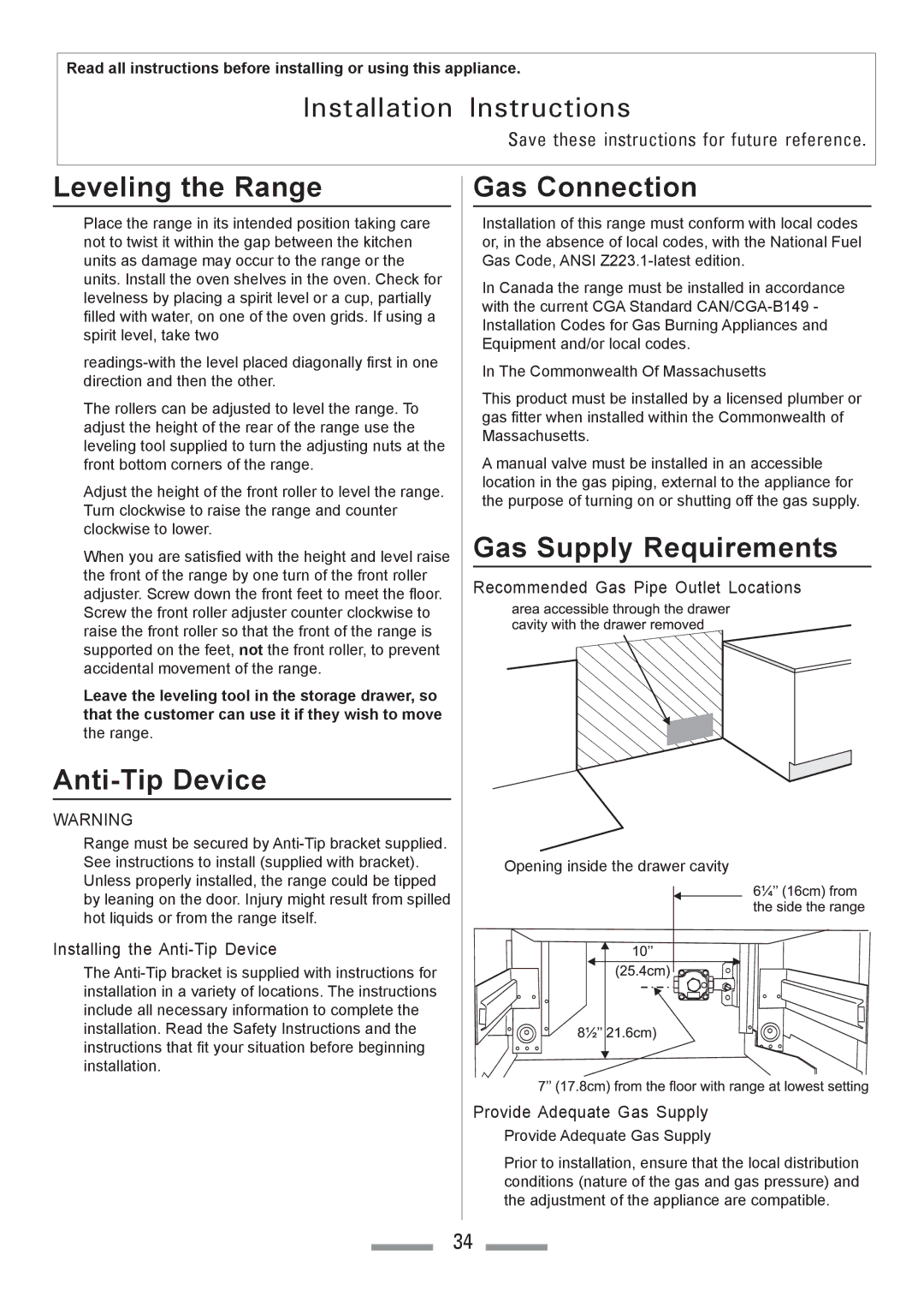 Heartland Toledo XT installation instructions Leveling the Range, Anti-Tip Device, Gas Connection, Gas Supply Requirements 