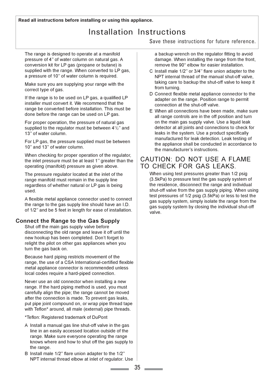 Heartland Toledo XT installation instructions Connect the Range to the Gas Supply 