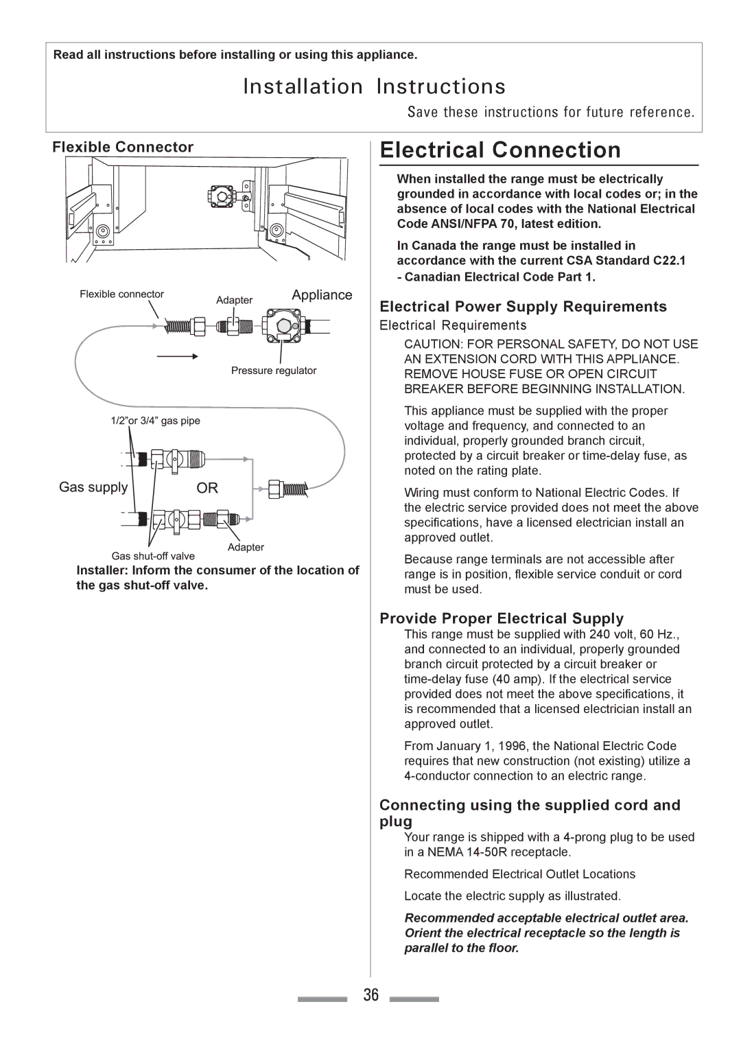 Heartland Toledo XT Electrical Connection, Flexible Connector, Electrical Power Supply Requirements 