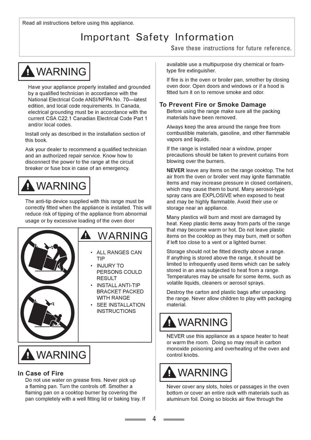 Heartland Toledo XT installation instructions Case of Fire, To Prevent Fire or Smoke Damage 