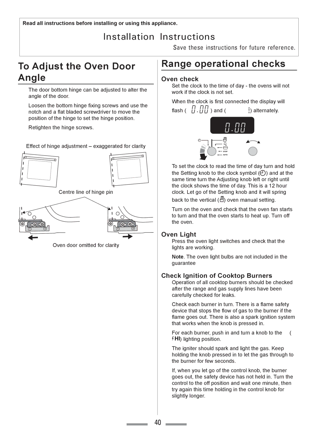 Heartland Toledo XT To Adjust the Oven Door Angle, Range operational checks, Oven check, Oven Light 