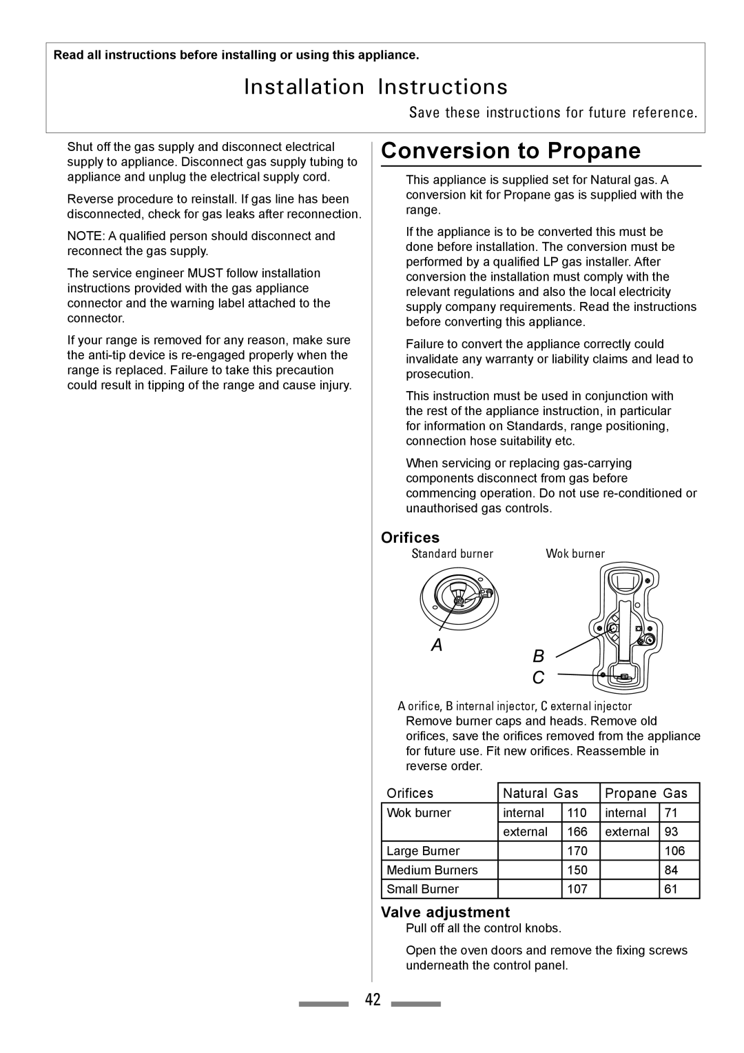 Heartland Toledo XT installation instructions Conversion to Propane, Valve adjustment, Orifices Natural Gas Propane Gas 