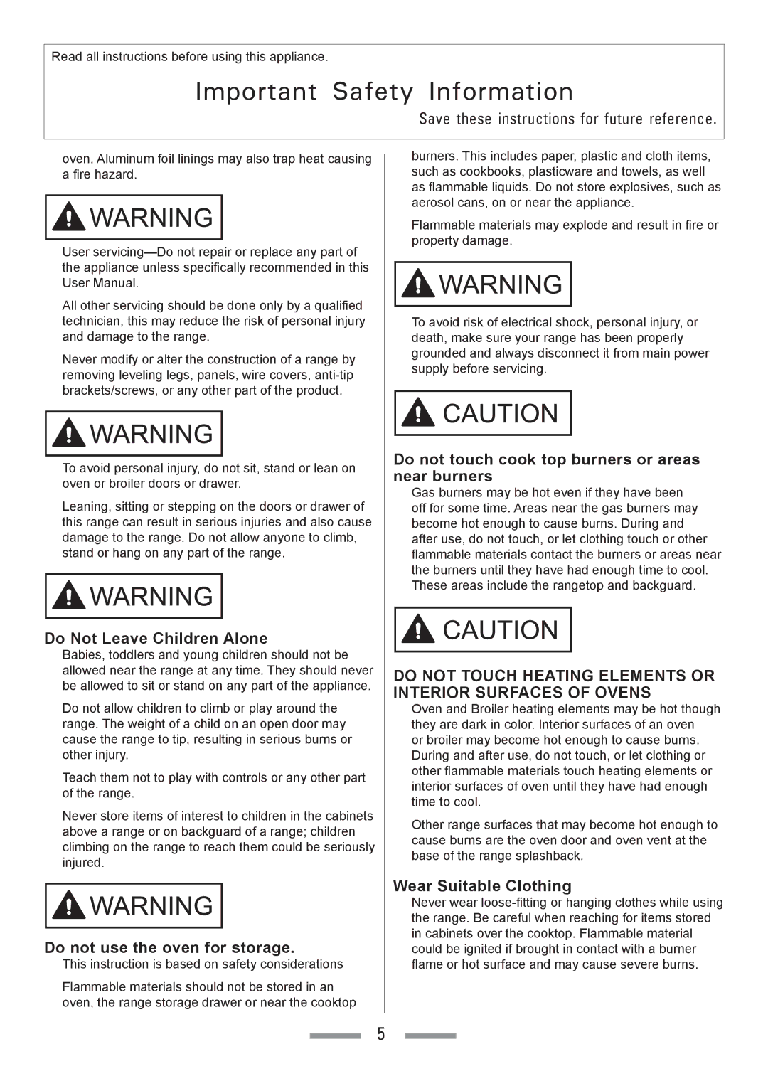 Heartland Toledo XT Do Not Leave Children Alone, Do not use the oven for storage, Wear Suitable Clothing 