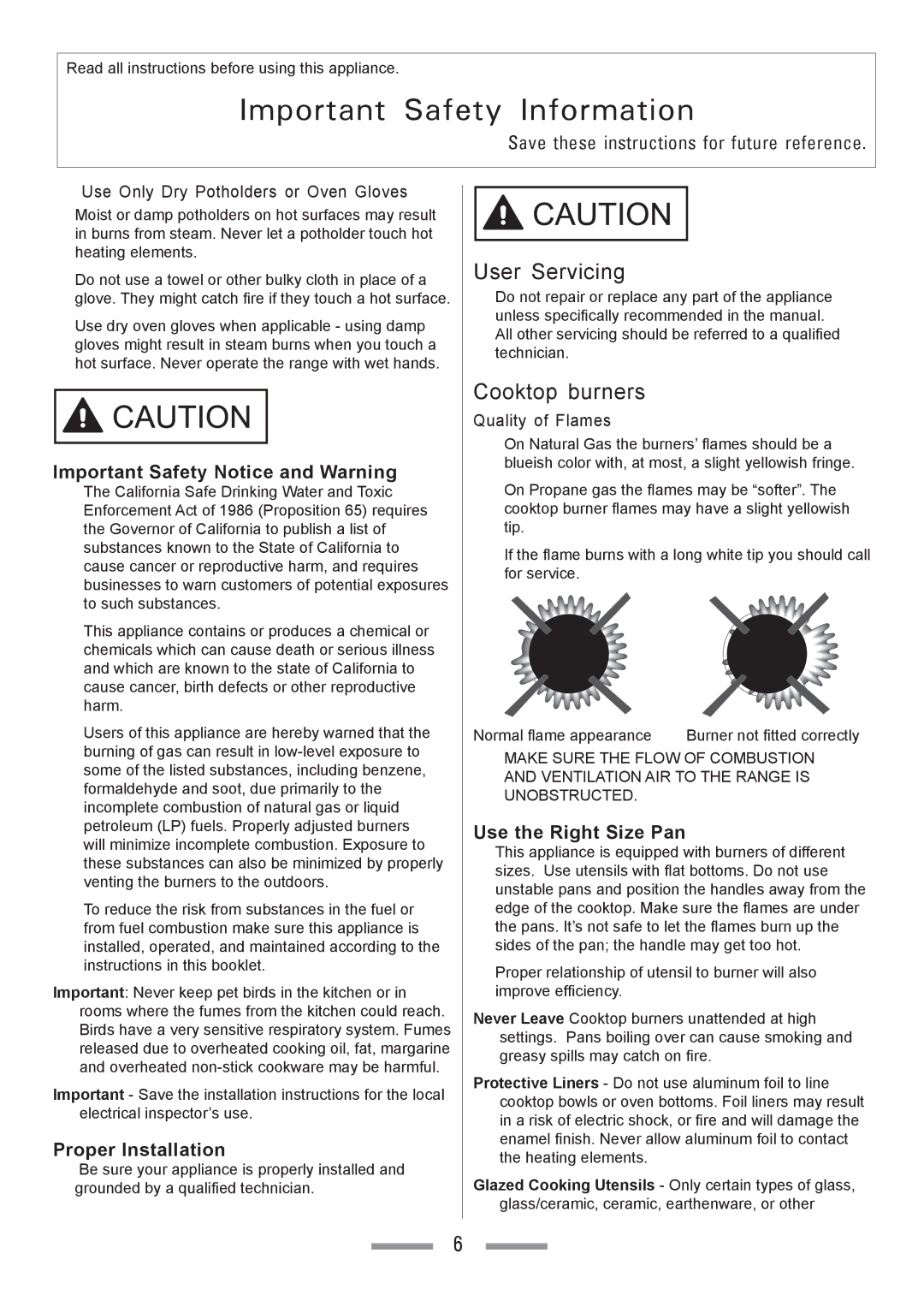 Heartland Toledo XT User Servicing, Important Safety Notice and Warning, Proper Installation, Use the Right Size Pan 