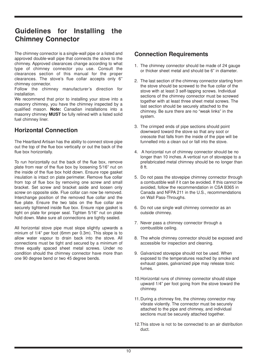 Heartland Wood Stove Guidelines for Installing the Chimney Connector, Horizontal Connection, Connection Requirements 