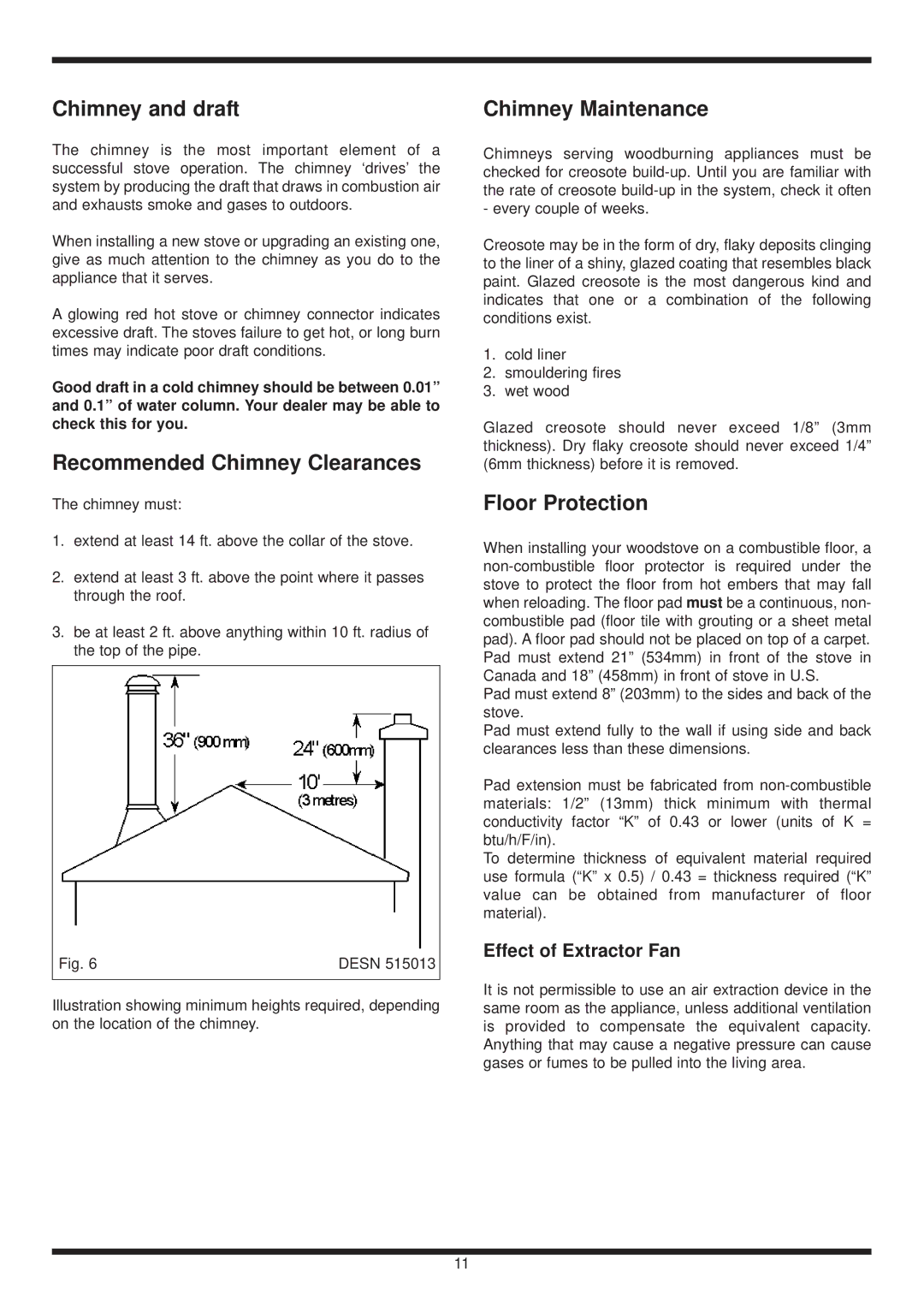 Heartland Wood Stove warranty Chimney and draft, Recommended Chimney Clearances, Chimney Maintenance, Floor Protection 