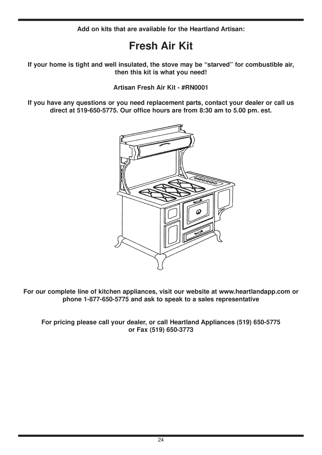 Heartland Wood Stove warranty Fresh Air Kit 