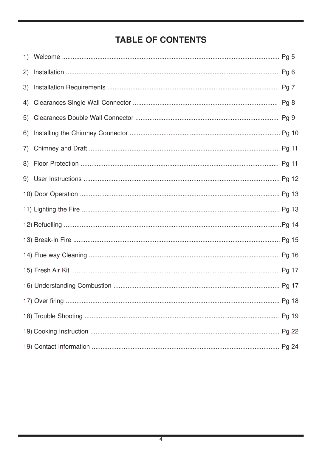 Heartland Wood Stove warranty Table of Contents 