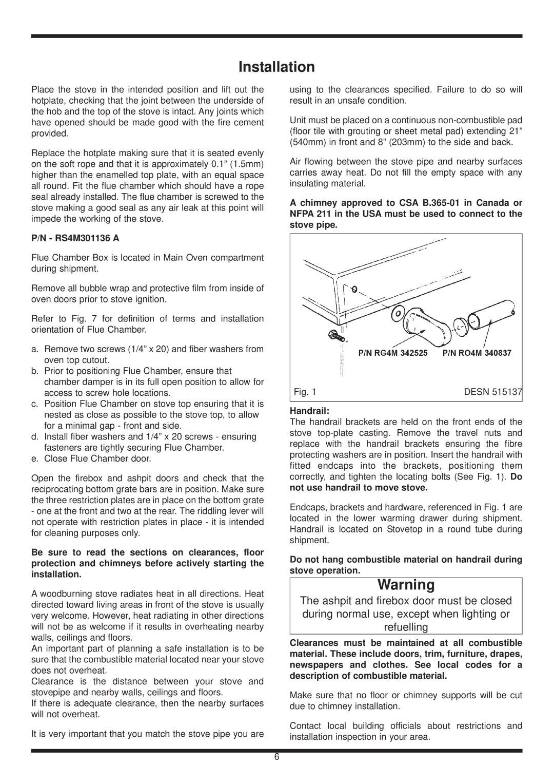 Heartland Wood Stove warranty Installation, RS4M301136 a, Handrail 