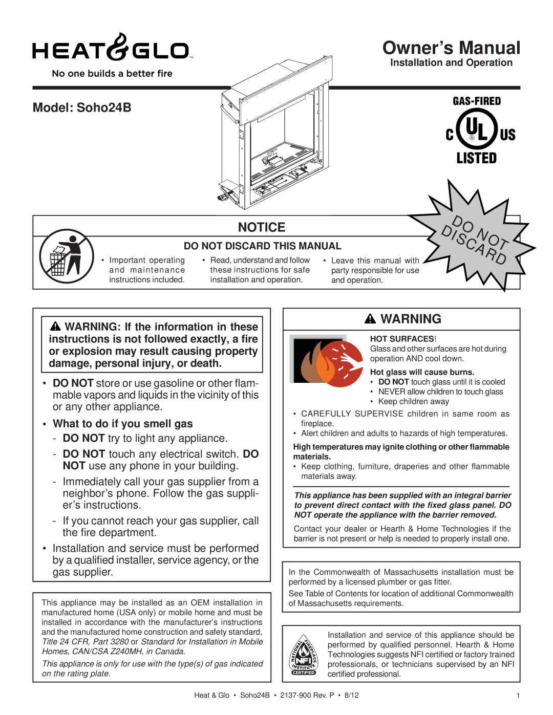 Heat & Glo LifeStyle 2137-900 owner manual Model Soho24B, What to do if you smell gas, Hot glass will cause burns 