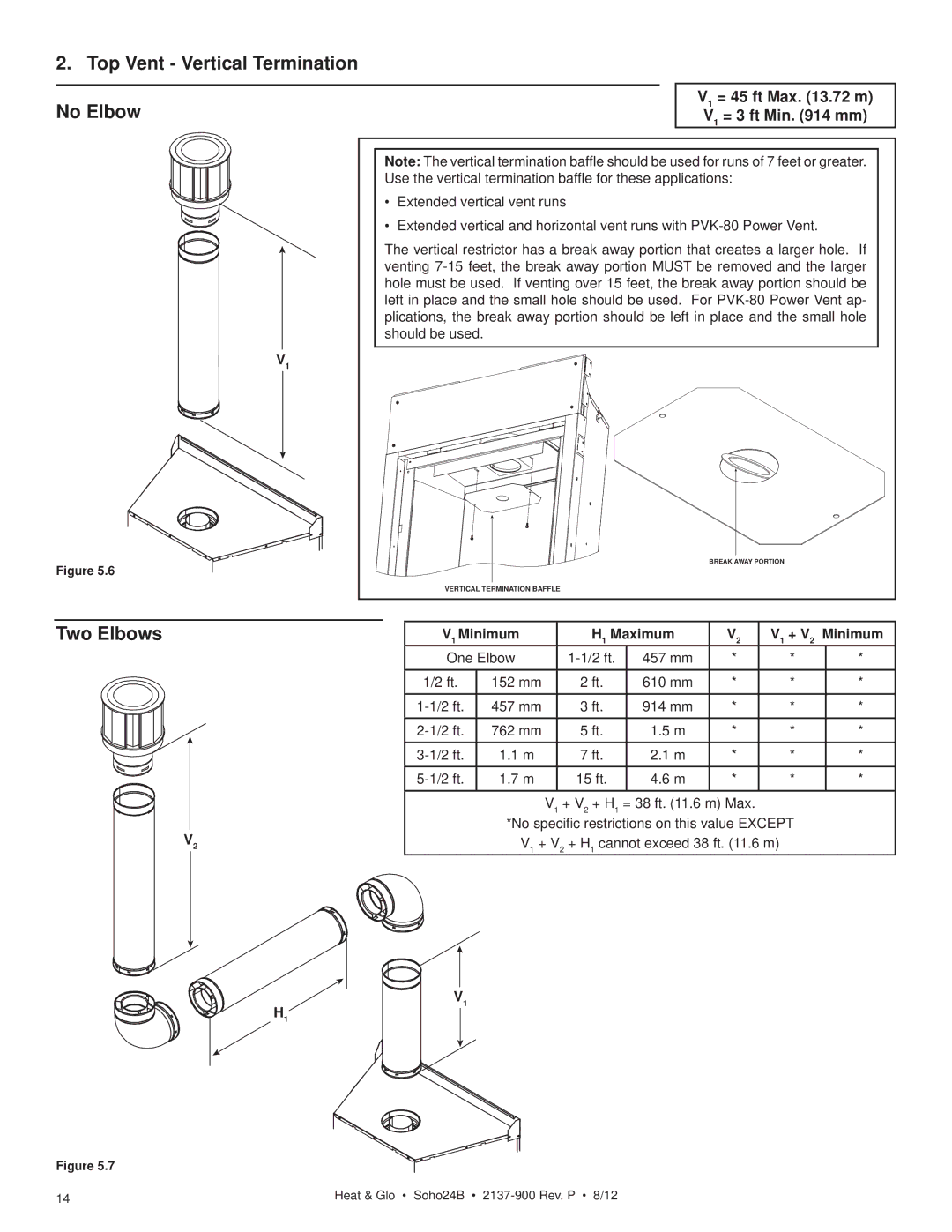 Heat & Glo LifeStyle 2137-900 owner manual Top Vent Vertical Termination No Elbow, V1 = 45 ft Max .72 m V1 = 3 ft Min mm 