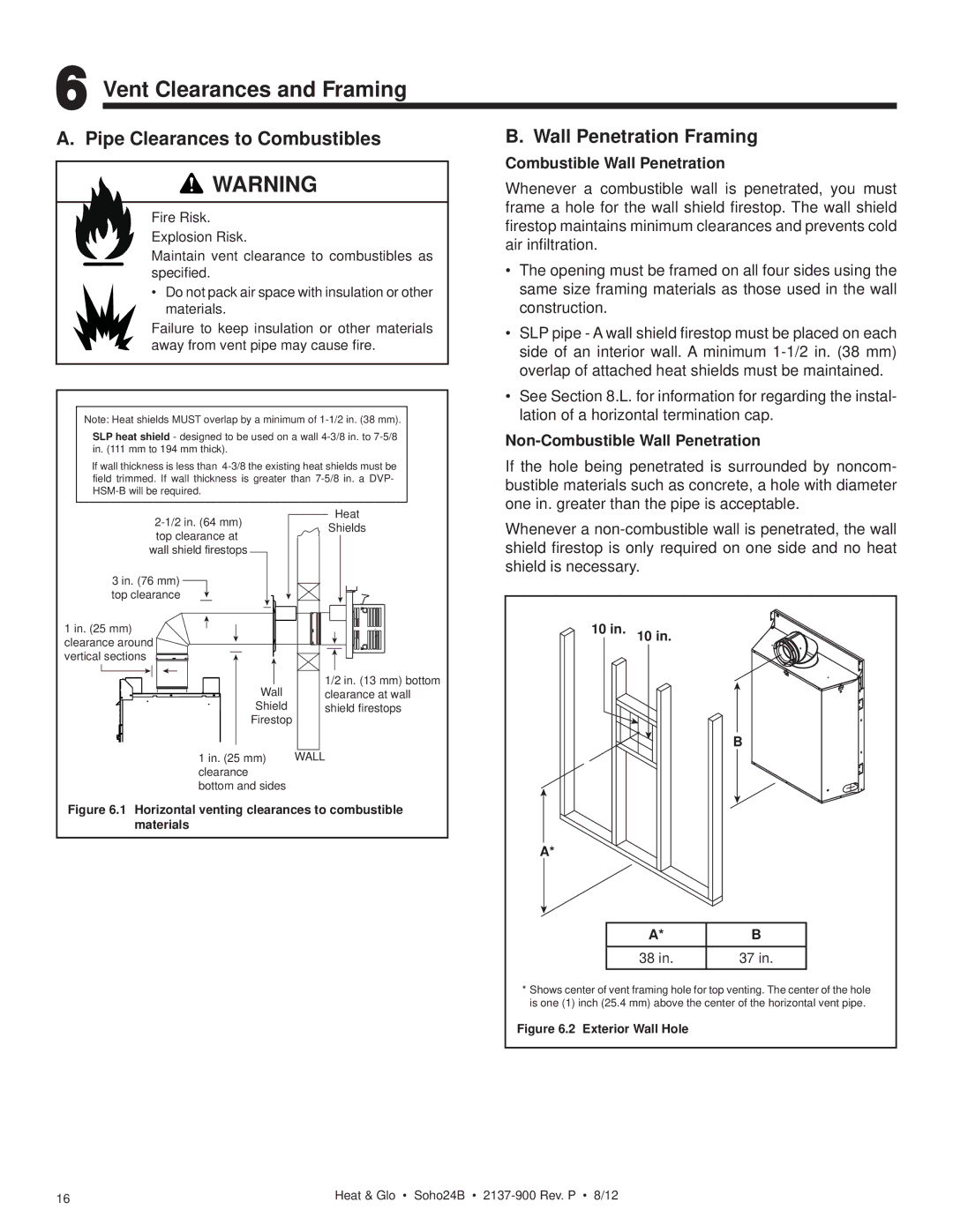 Heat & Glo LifeStyle 2137-900 Vent Clearances and Framing, Pipe Clearances to Combustibles, Wall Penetration Framing 