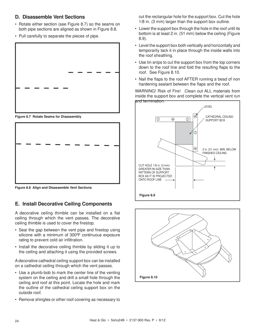 Heat & Glo LifeStyle 2137-900 owner manual Disassemble Vent Sections, Install Decorative Ceiling Components 