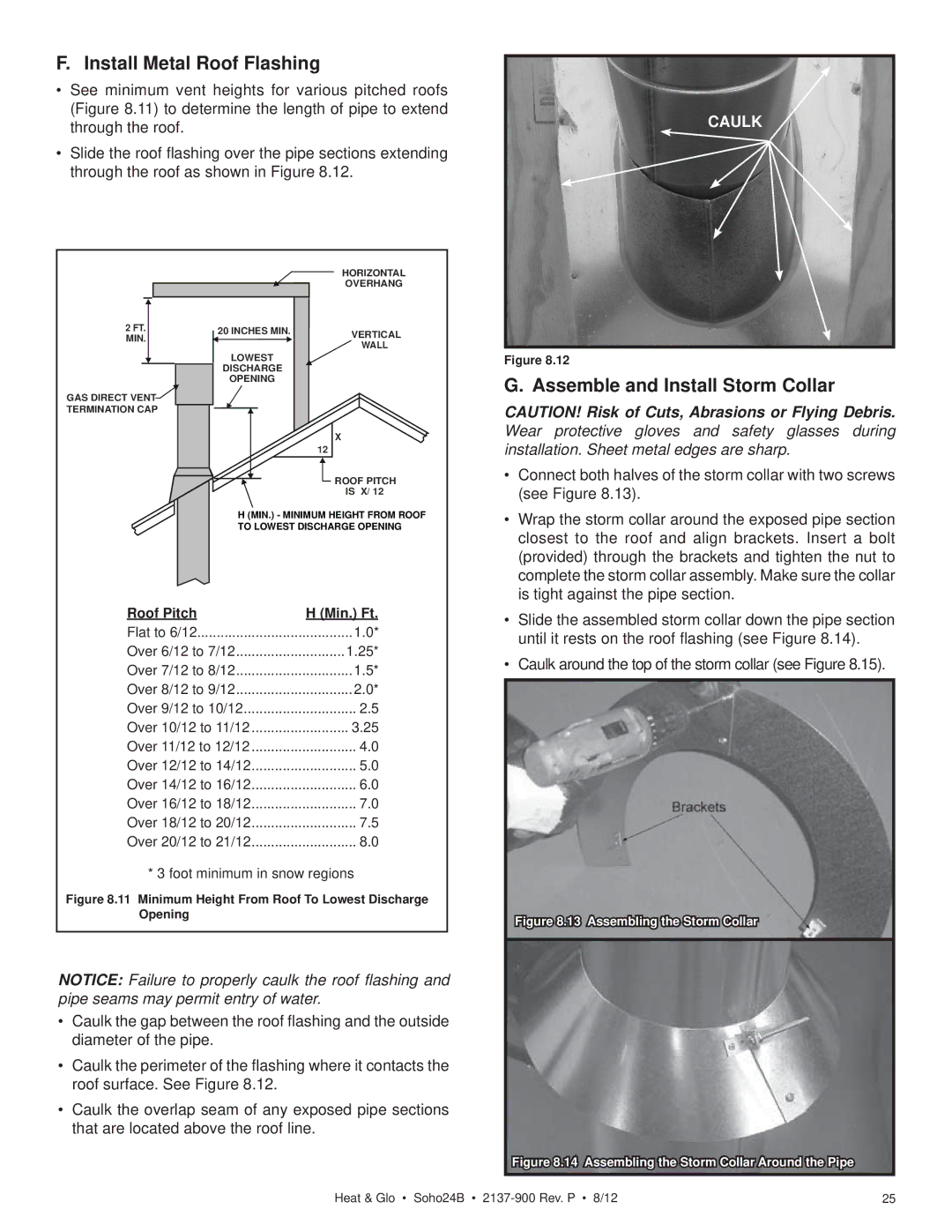 Heat & Glo LifeStyle 2137-900 owner manual Install Metal Roof Flashing, Assemble and Install Storm Collar 