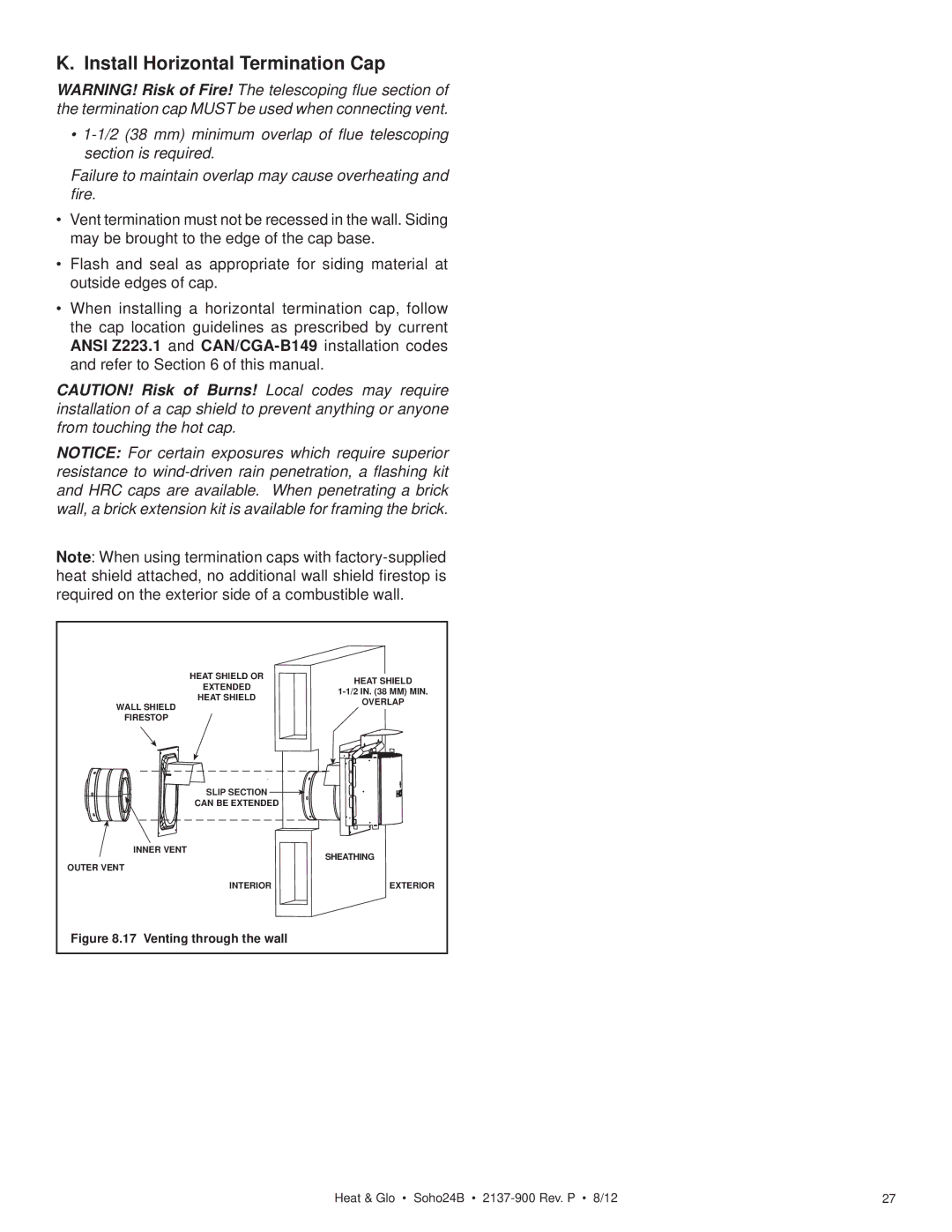 Heat & Glo LifeStyle 2137-900 owner manual Install Horizontal Termination Cap, Venting through the wall 