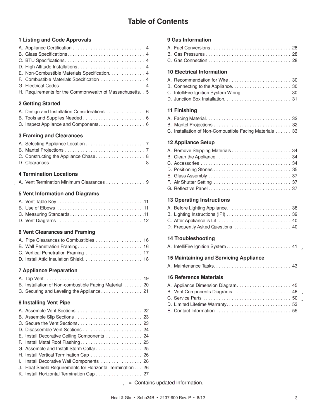 Heat & Glo LifeStyle 2137-900 owner manual Table of Contents 