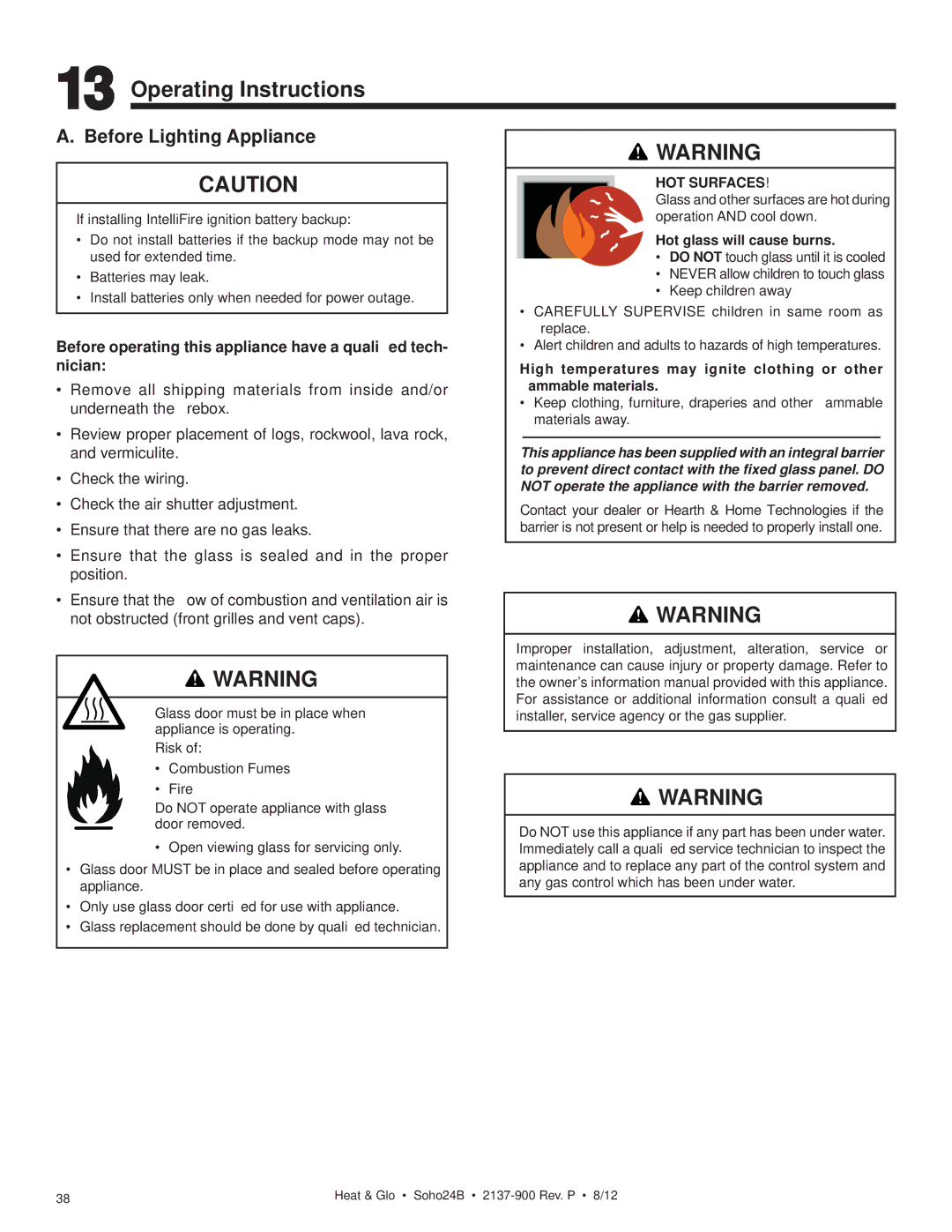 Heat & Glo LifeStyle 2137-900 owner manual Operating Instructions, Before Lighting Appliance 