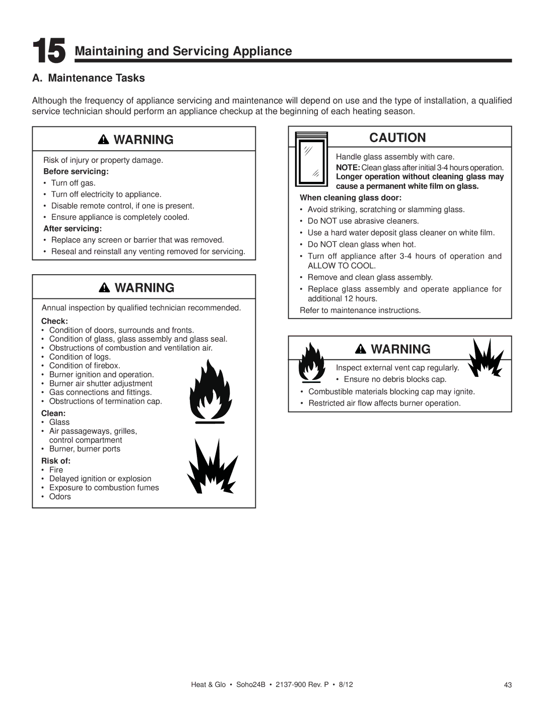 Heat & Glo LifeStyle 2137-900 owner manual Maintaining and Servicing Appliance, Maintenance Tasks 