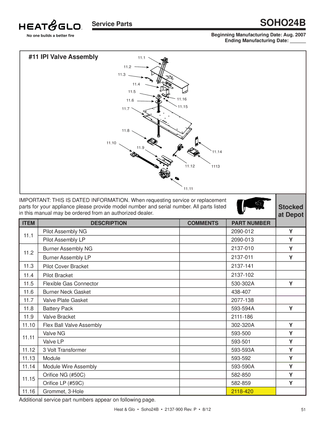 Heat & Glo LifeStyle 2137-900 owner manual #11 IPI Valve Assembly 