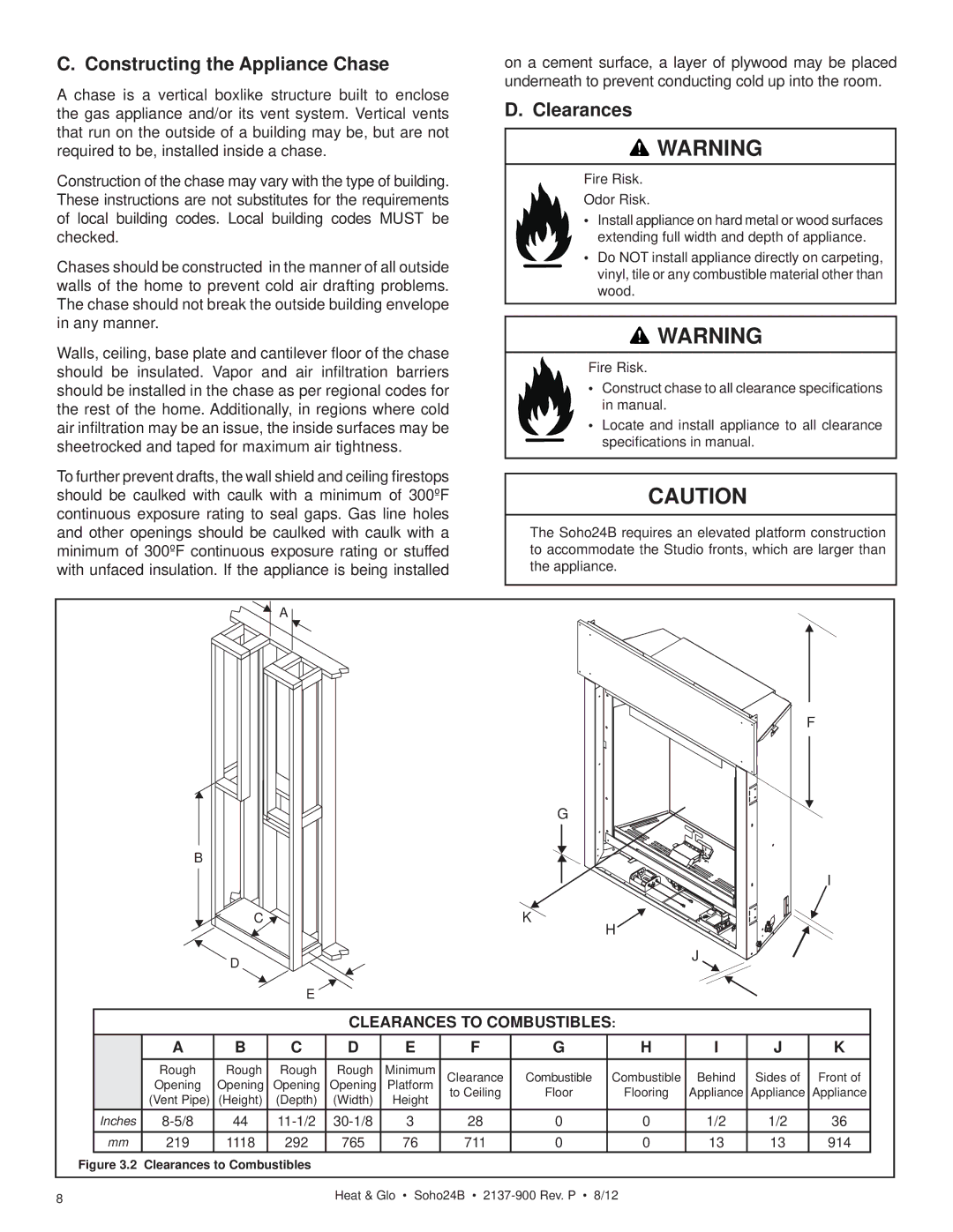 Heat & Glo LifeStyle 2137-900 owner manual Constructing the Appliance Chase, Clearances 