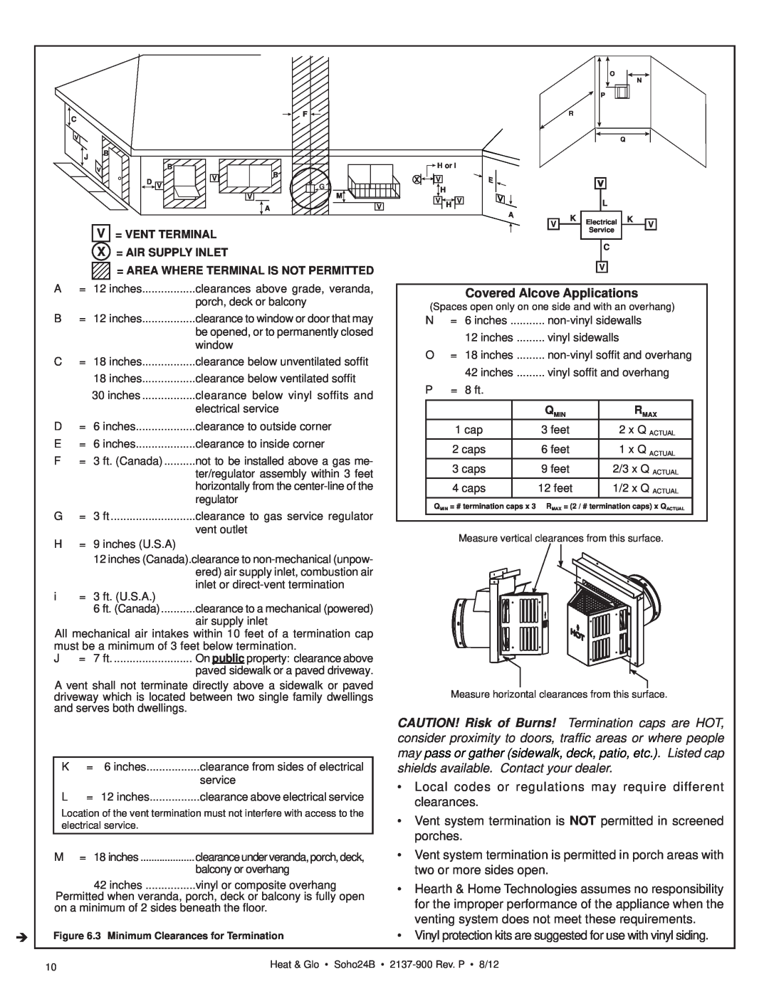 Heat & Glo LifeStyle 2137-900 owner manual Covered Alcove Applications, V= Vent Terminal X = Air Supply Inlet 