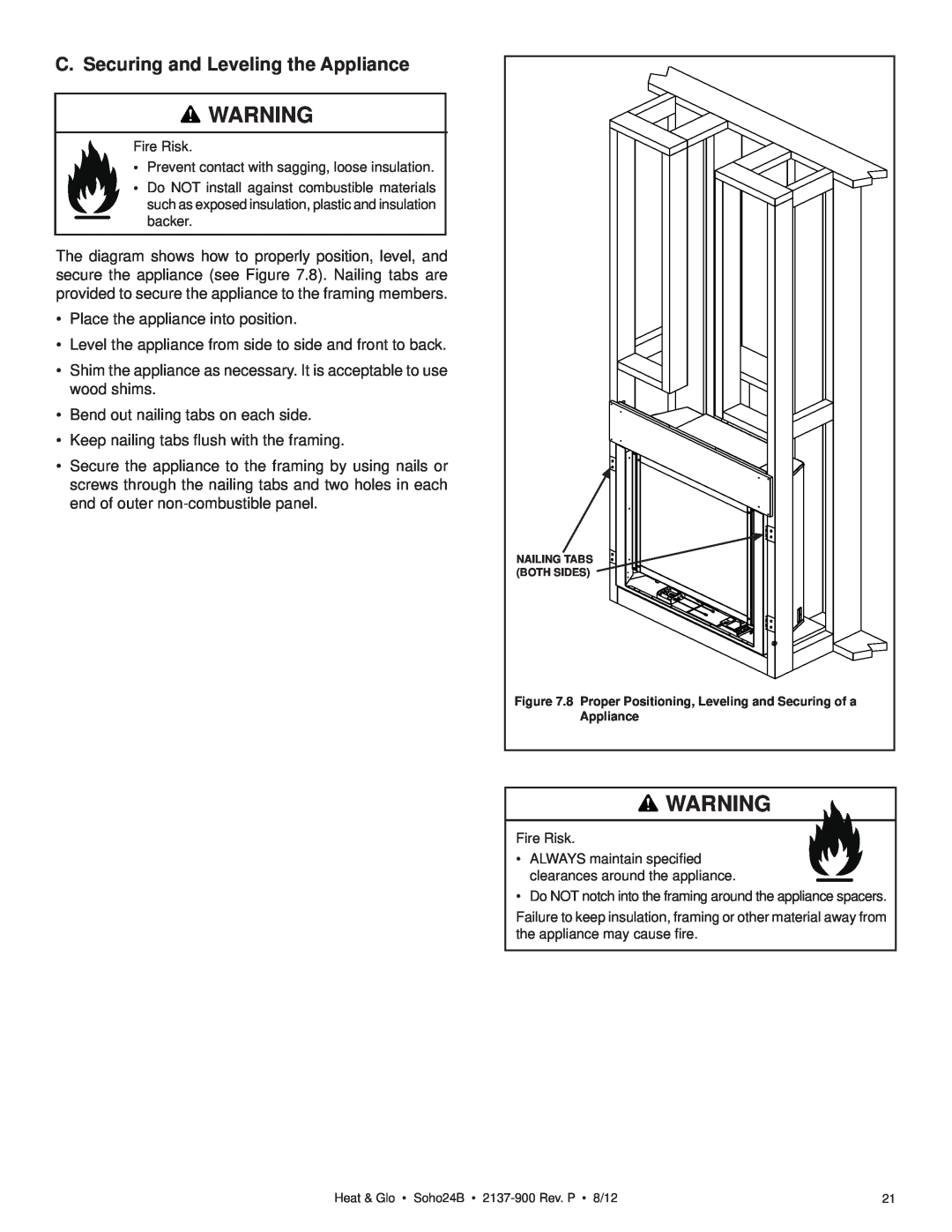 Heat & Glo LifeStyle 2137-900 owner manual C. Securing and Leveling the Appliance 
