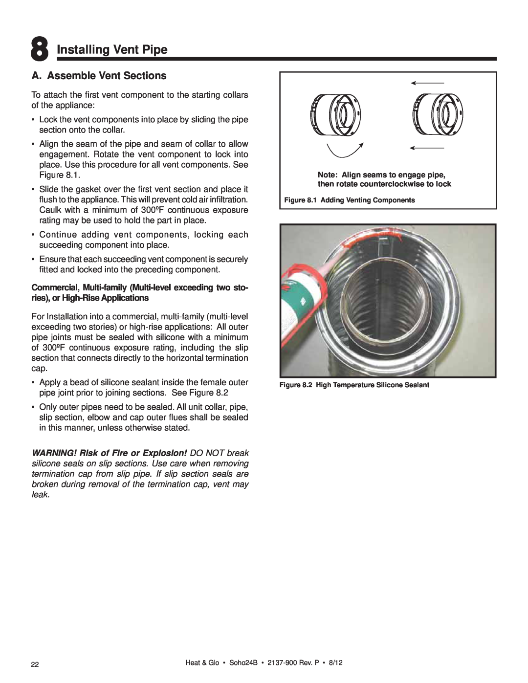 Heat & Glo LifeStyle 2137-900 owner manual Installing Vent Pipe, A. Assemble Vent Sections 
