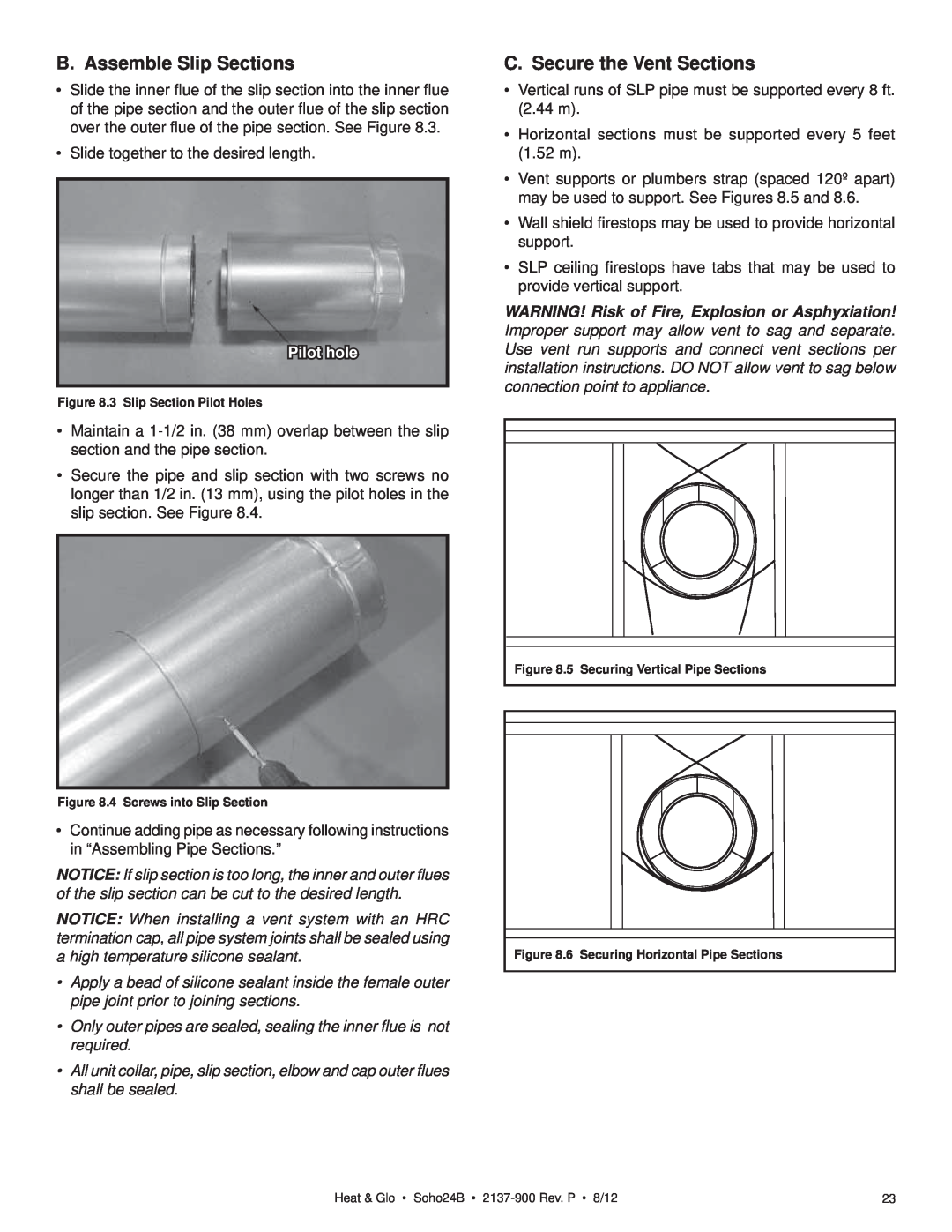 Heat & Glo LifeStyle 2137-900 owner manual B. Assemble Slip Sections, C. Secure the Vent Sections, Pilot hole 