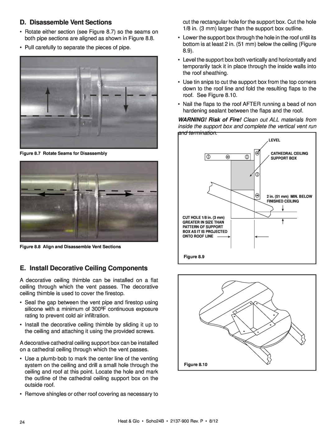 Heat & Glo LifeStyle 2137-900 owner manual D. Disassemble Vent Sections, E. Install Decorative Ceiling Components 