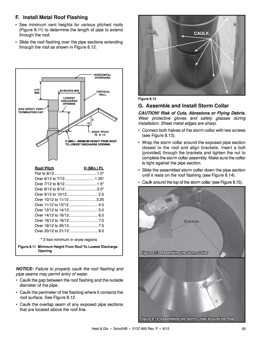 Heat & Glo LifeStyle 2137-900 owner manual F. Install Metal Roof Flashing, G. Assemble and Install Storm Collar, Caulk 