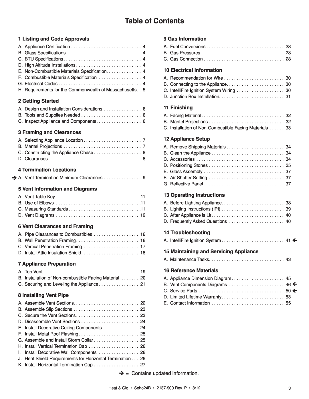 Heat & Glo LifeStyle 2137-900 owner manual Table of Contents 